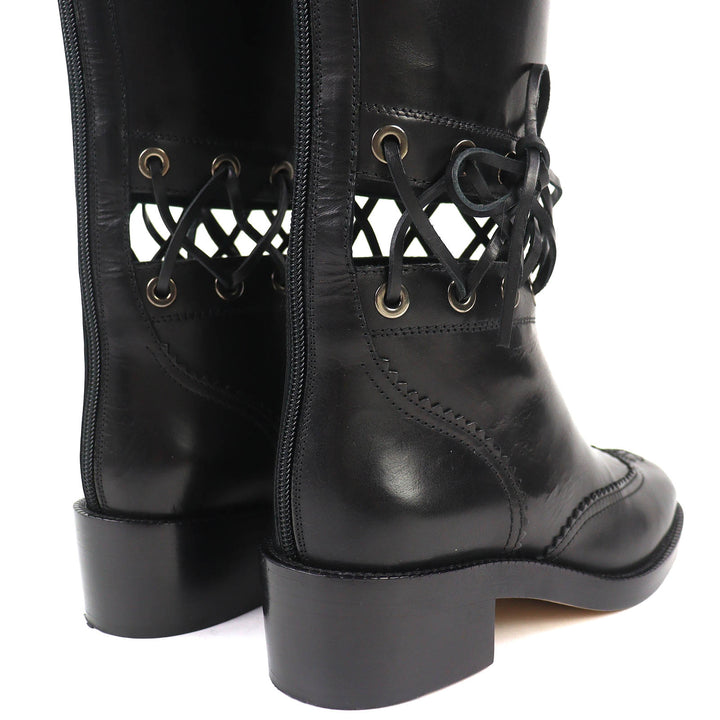 Excellent CHANEL Knee-high boots COCO Mark Lace-up Back Zip Leather 36.5 G32251