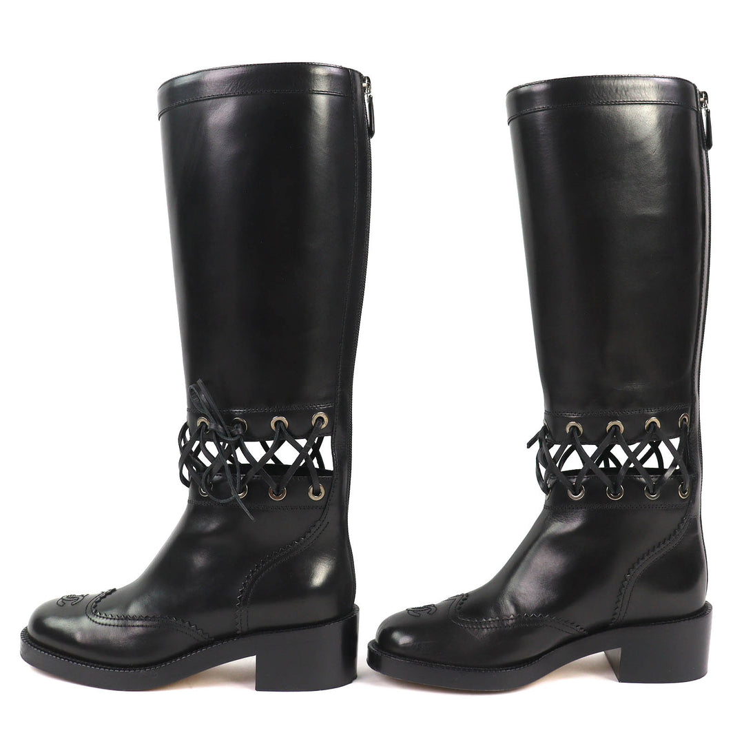 Excellent CHANEL Knee-high boots COCO Mark Lace-up Back Zip Leather 36.5 G32251