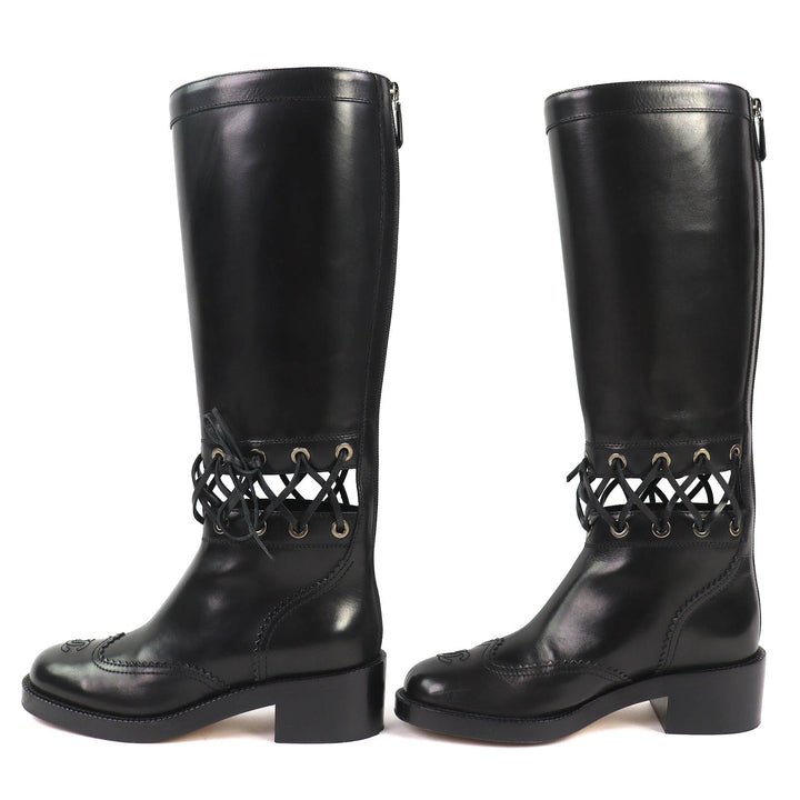 Excellent CHANEL Knee-high boots COCO Mark Lace-up Back Zip Leather 36.5 G32251