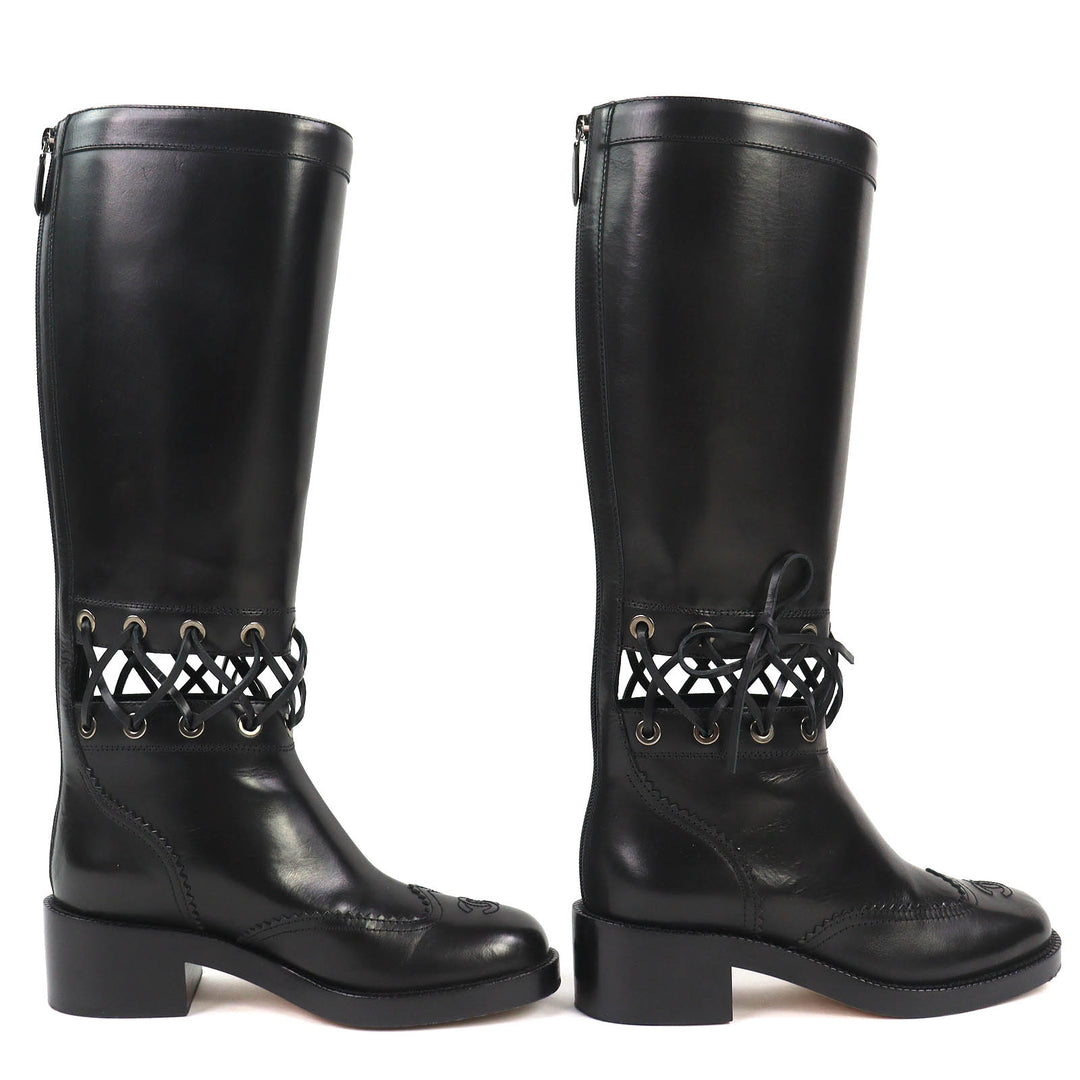 Excellent CHANEL Knee-high boots COCO Mark Lace-up Back Zip Leather 36.5 G32251