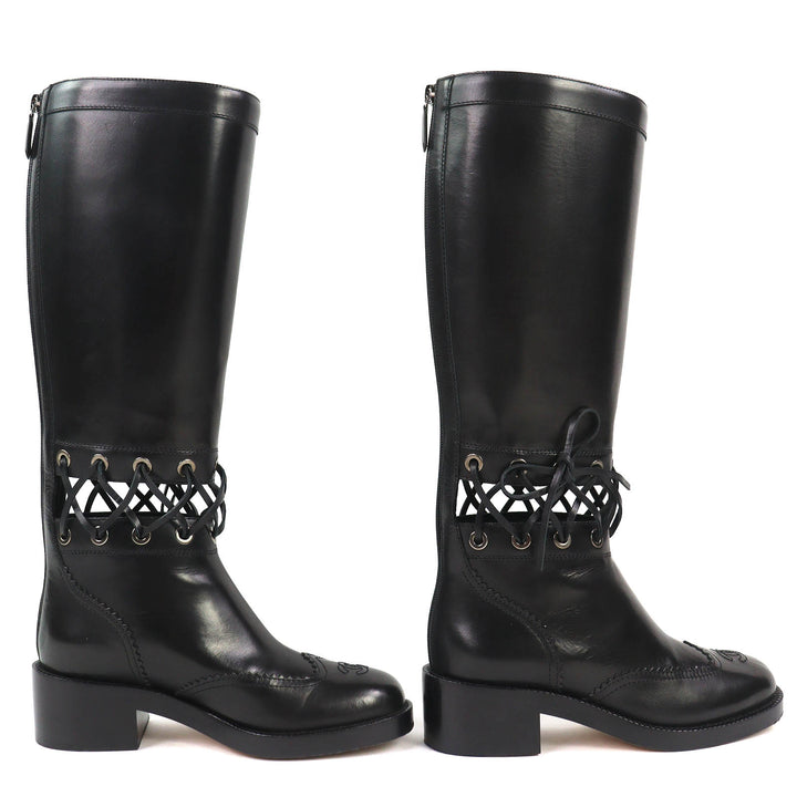 Excellent CHANEL Knee-high boots COCO Mark Lace-up Back Zip Leather 36.5 G32251