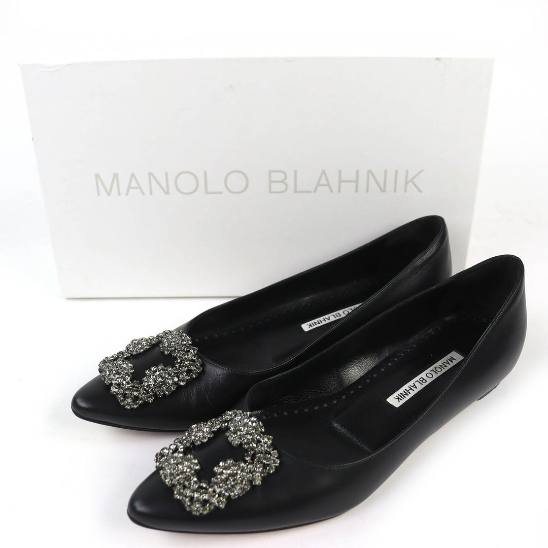 Great MANOLO BLAHNIK pumps Hangishi Jeweled pointed toe flats black leather 36.5