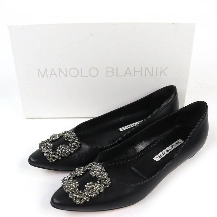 Great MANOLO BLAHNIK pumps Hangishi Jeweled pointed toe flats black leather 36.5