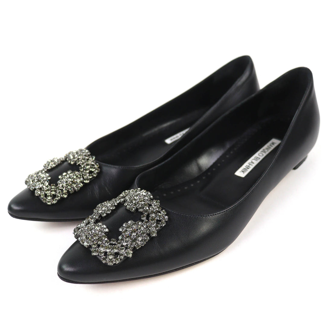 Great MANOLO BLAHNIK pumps Hangishi Jeweled pointed toe flats black leather 36.5