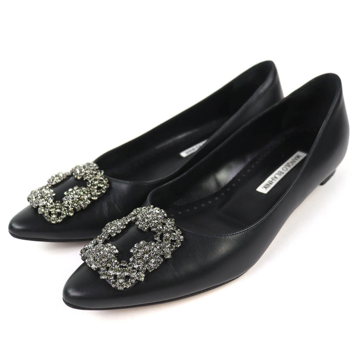 Great MANOLO BLAHNIK pumps Hangishi Jeweled pointed toe flats black leather 36.5