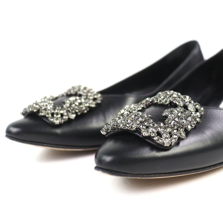 Great MANOLO BLAHNIK pumps Hangishi Jeweled pointed toe flats black leather 36.5