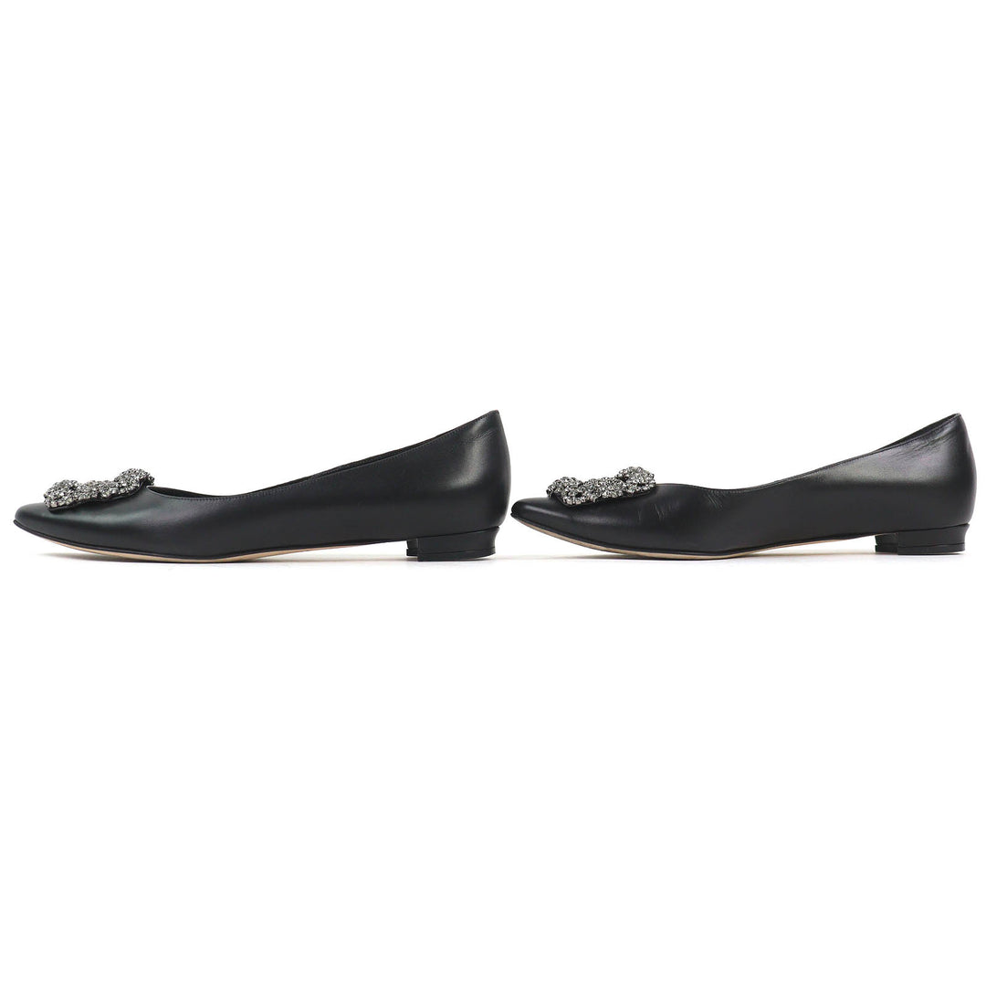 Great MANOLO BLAHNIK pumps Hangishi Jeweled pointed toe flats black leather 36.5