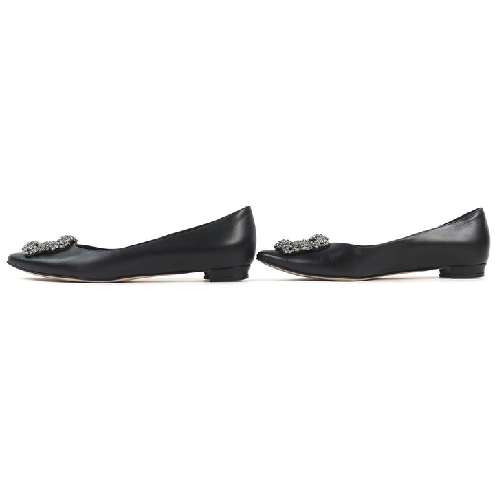Great MANOLO BLAHNIK pumps Hangishi Jeweled pointed toe flats black leather 36.5