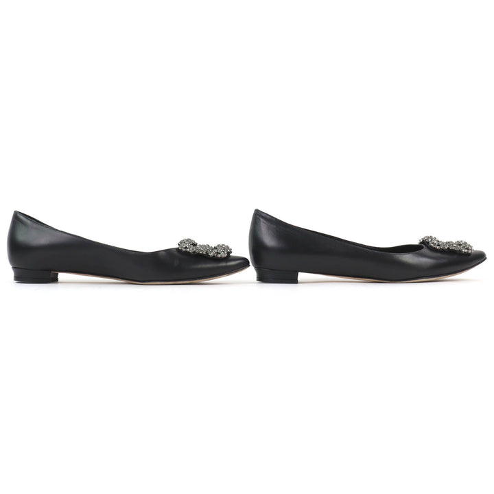 Great MANOLO BLAHNIK pumps Hangishi Jeweled pointed toe flats black leather 36.5