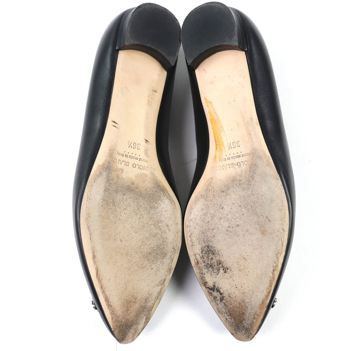Great MANOLO BLAHNIK pumps Hangishi Jeweled pointed toe flats black leather 36.5