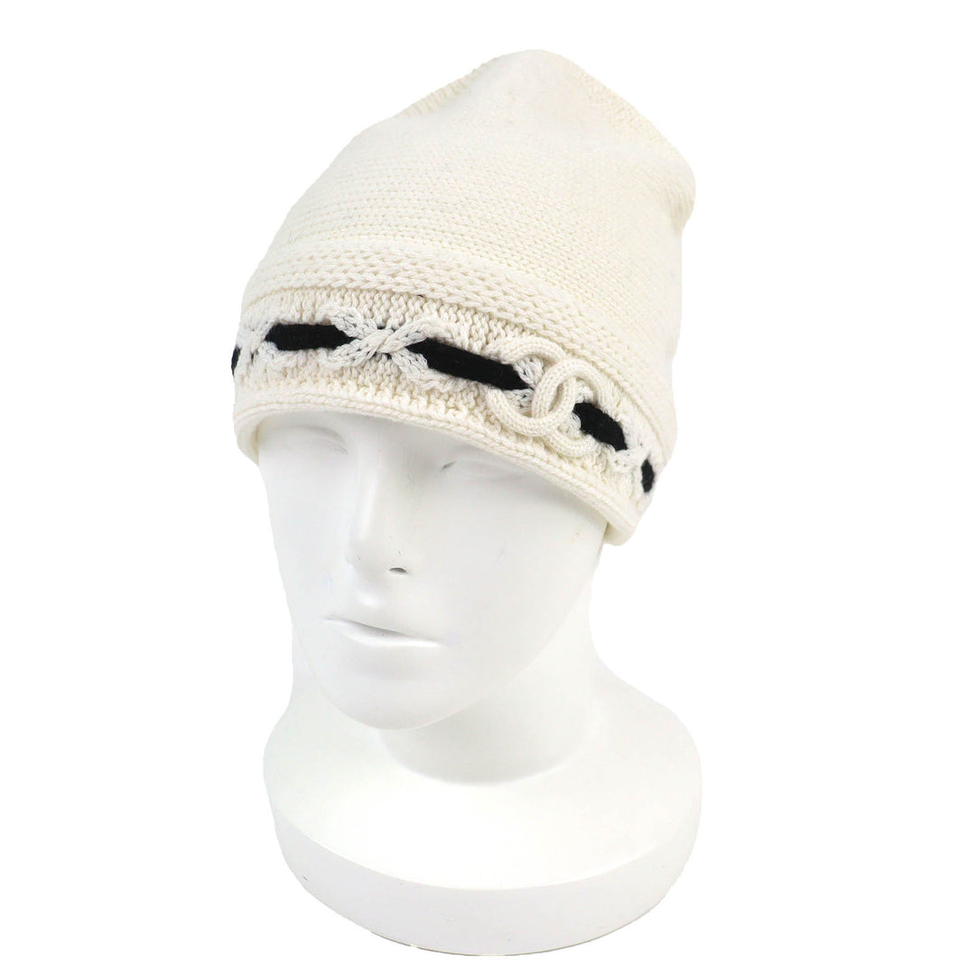 Pristine CHANEL Knit cap COCO Mark Knit hat white cashmere Women AAB112
