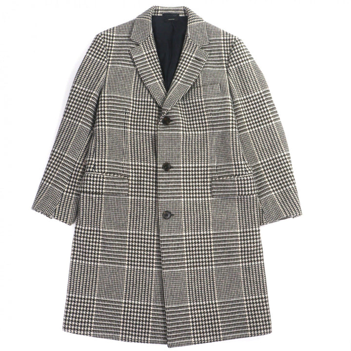 Excellent HERMES Chester coat Houndstooth Thick Tweed Single Brown wool mens 50