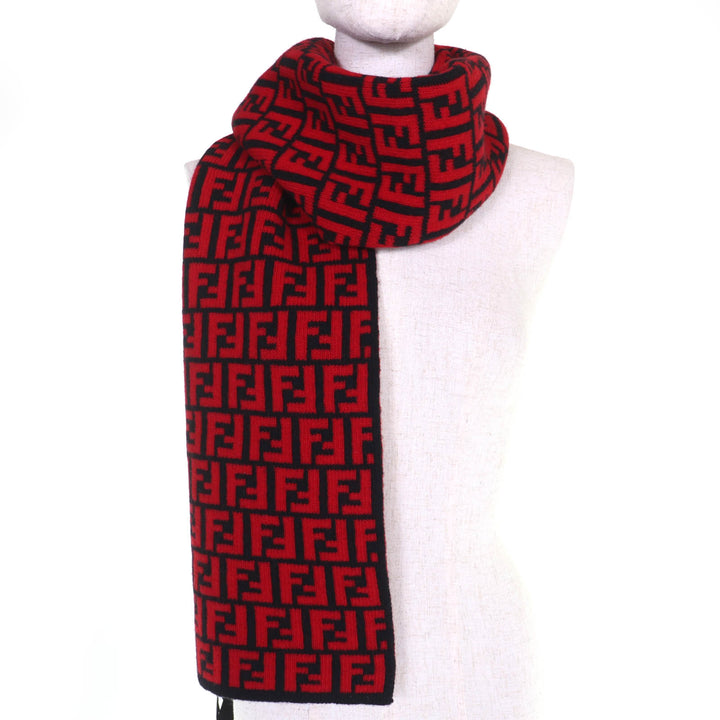 Pristine FENDI Scarf FF Logo Zucca Pattern Red wool Women FXS346
