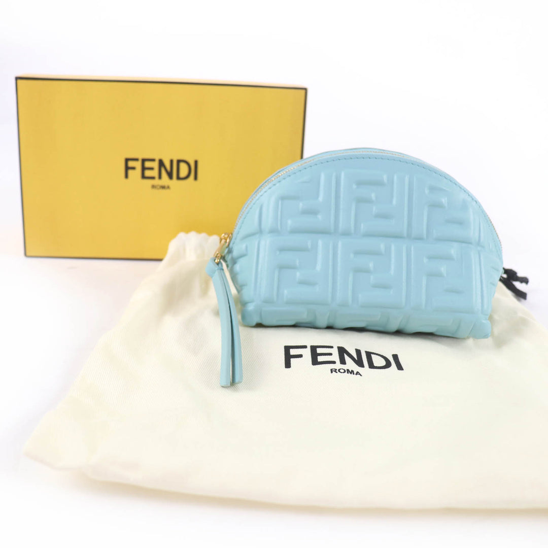 Pristine FENDI Bucket Pouch Small, FF Motif Embossed, Nappa Leather blue 8N208