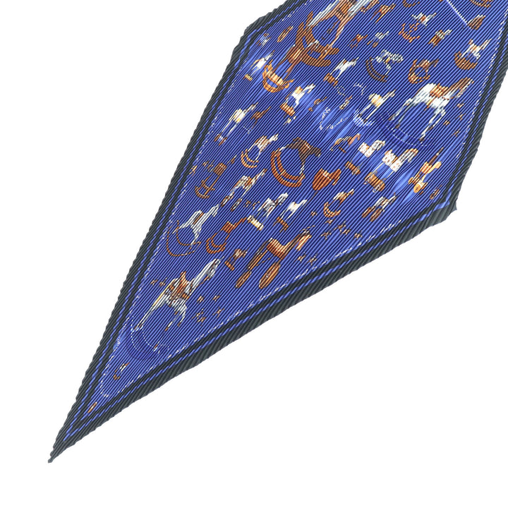 Excellent HERMES scarf Blue Rocking Horse Pleated curry Multi silk Women