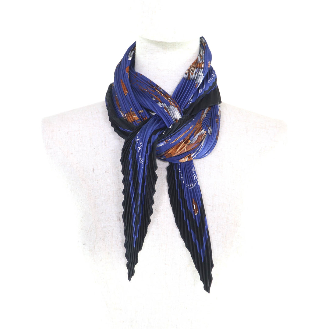 Excellent HERMES scarf Blue Rocking Horse Pleated curry Multi silk Women