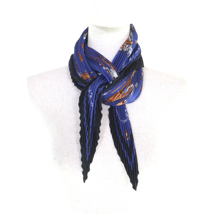 Excellent HERMES scarf Blue Rocking Horse Pleated curry Multi silk Women