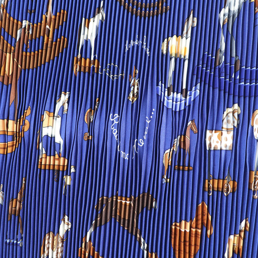 Excellent HERMES scarf Blue Rocking Horse Pleated curry Multi silk Women