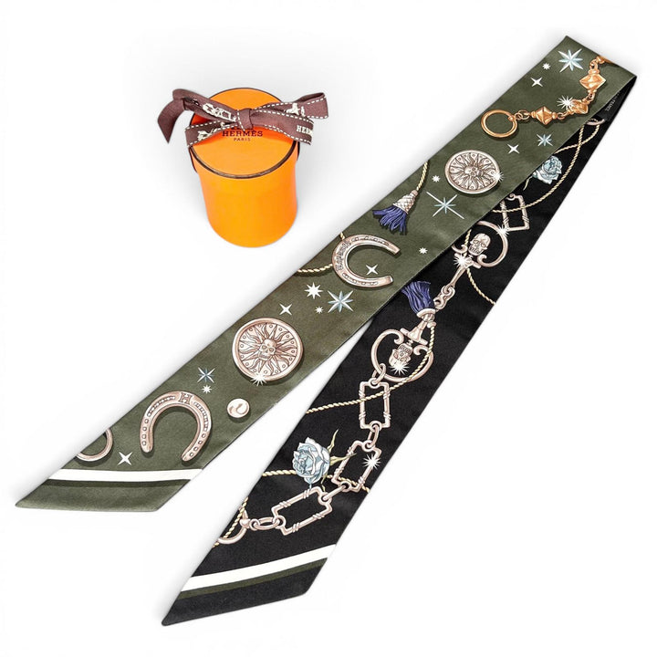 Excellent HERMES scarf Twilly C'est la Fête khaki silk Women