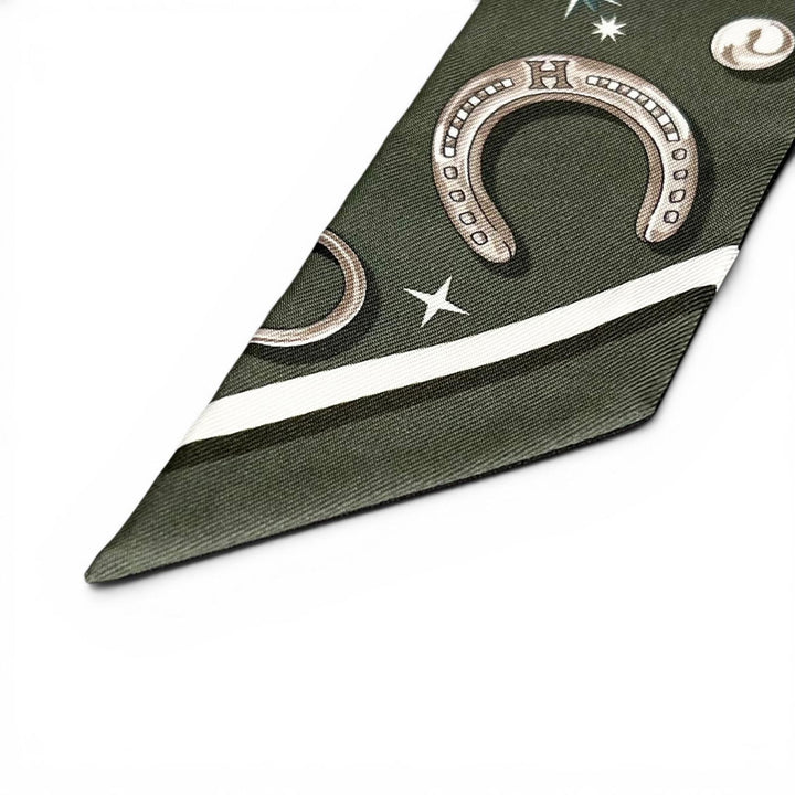 Excellent HERMES scarf Twilly C'est la Fête khaki silk Women