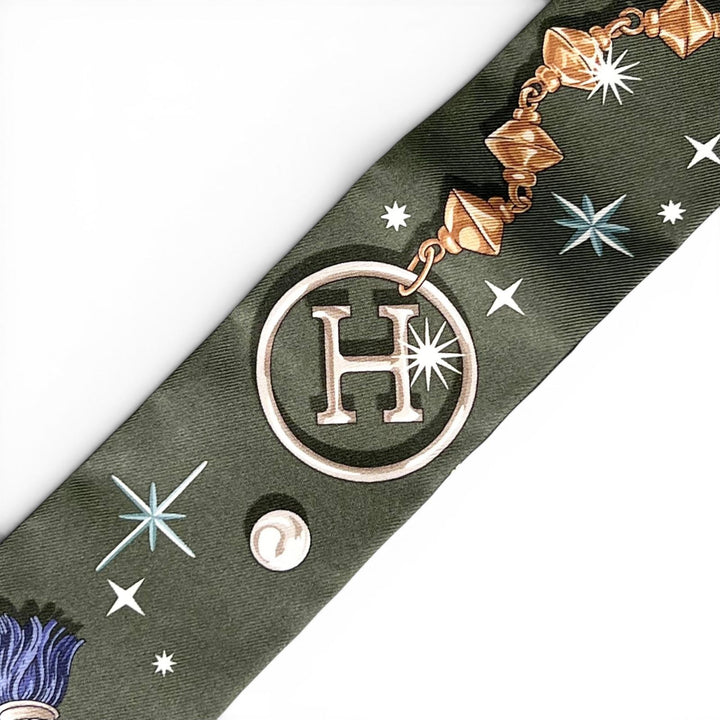 Excellent HERMES scarf Twilly C'est la Fête khaki silk Women