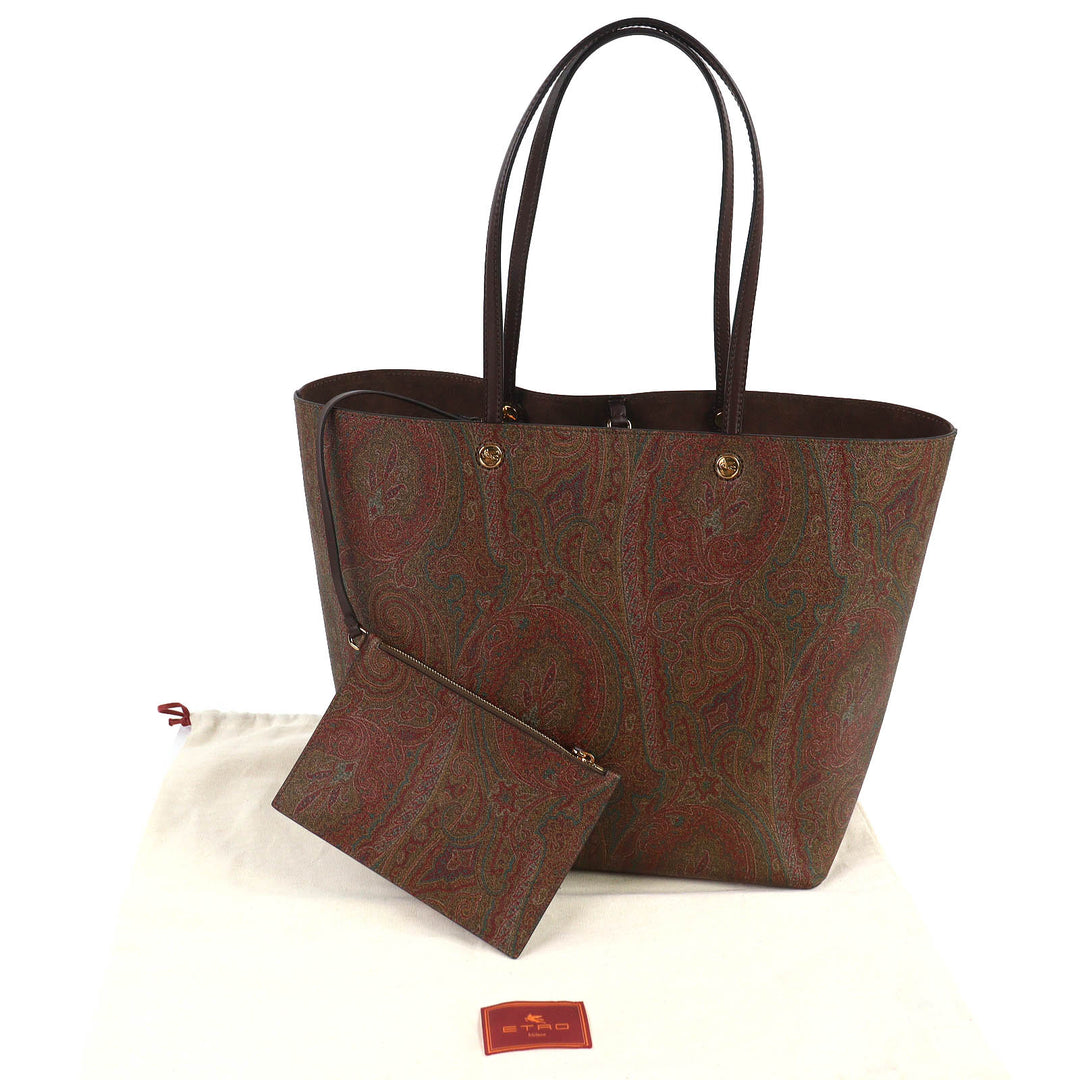Excellent ETRO Tote Bag Essential Bag Maxi Paisley Pattern Large Pouch Brown PVC