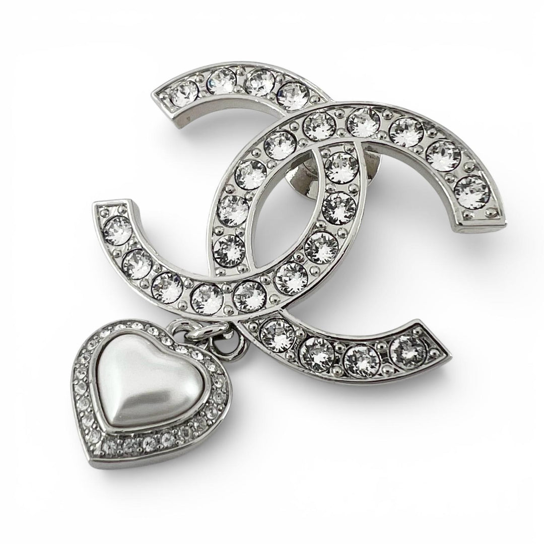 Excellent CHANEL Brooch B23 Coco Heart Rhinestone Pin Silver Women