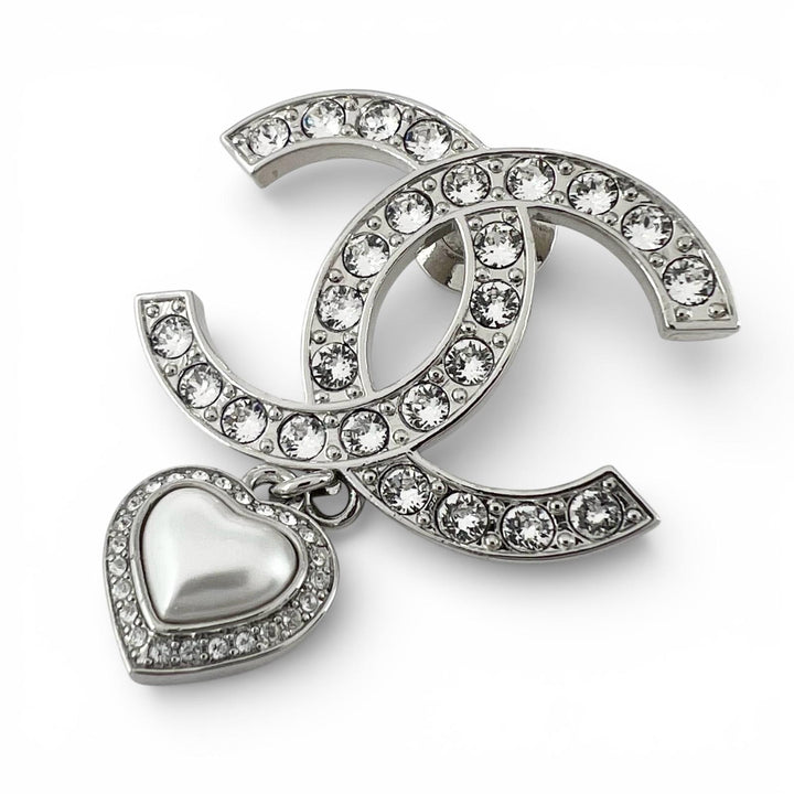 Excellent CHANEL Brooch B23 Coco Heart Rhinestone Pin Silver Women