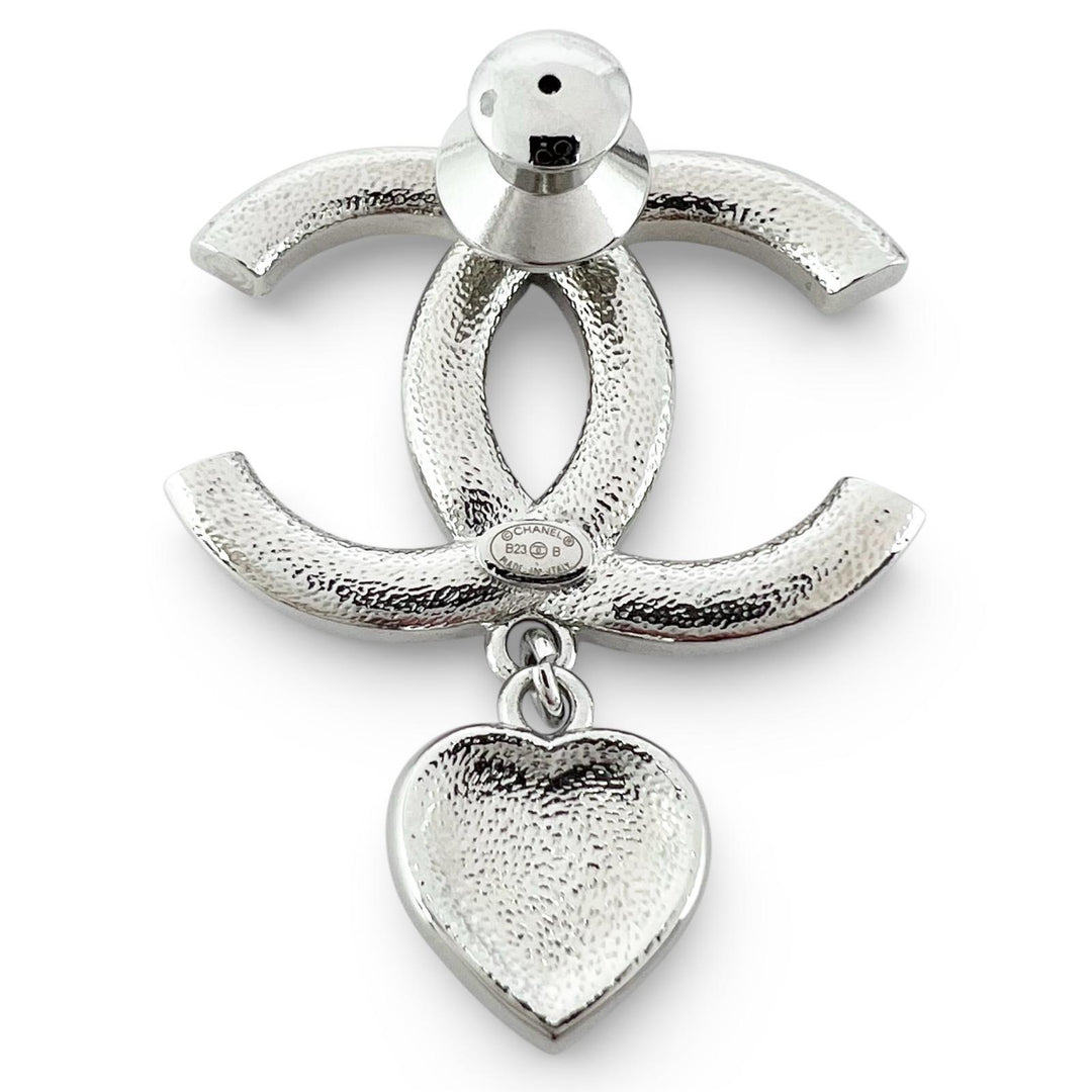 Excellent CHANEL Brooch B23 Coco Heart Rhinestone Pin Silver Women
