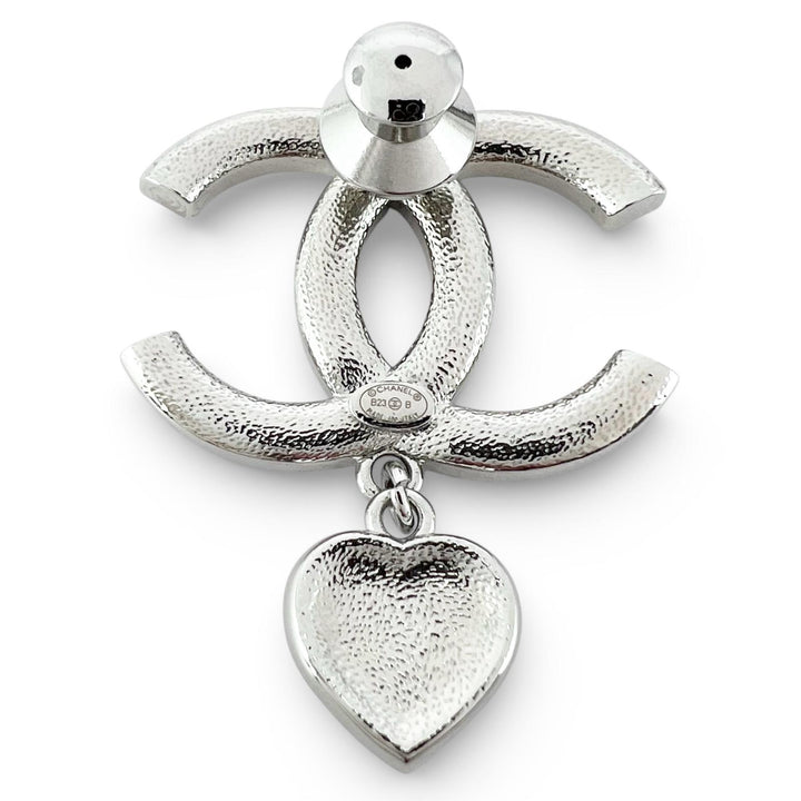 Excellent CHANEL Brooch B23 Coco Heart Rhinestone Pin Silver Women