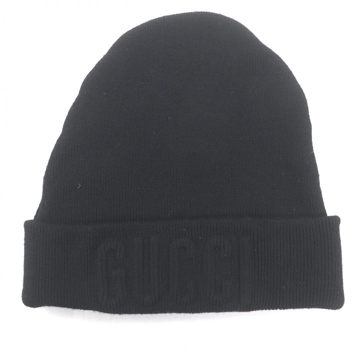 Great GUCCI Knit cap logo embossed beanie black wool mens M 764541