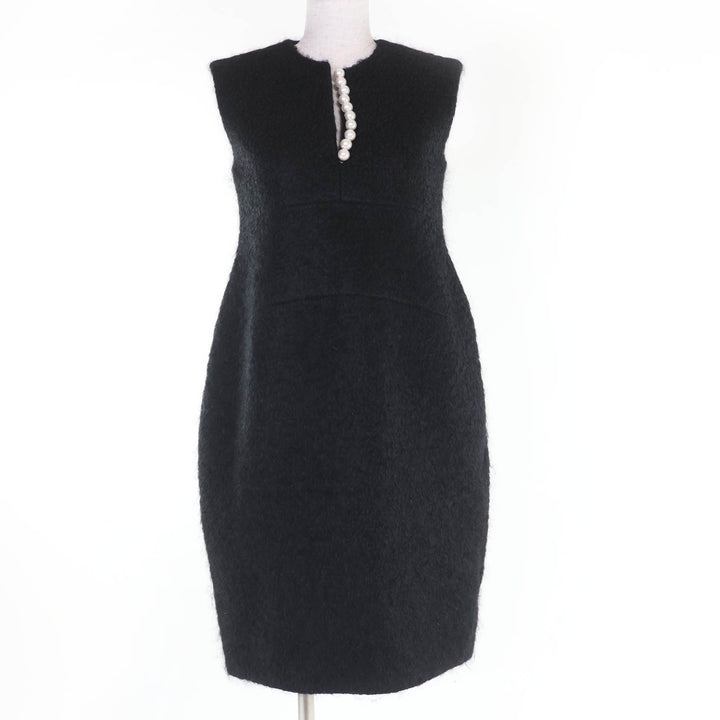 Excellent YOKO CHAN one piece Faux pearl sleeveless black wool 38 YCD-319-552