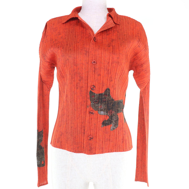 Excellent PLEATS PLEASE T-shirt Tiger Cat cardigan Orange Women 4 PP83-JK724