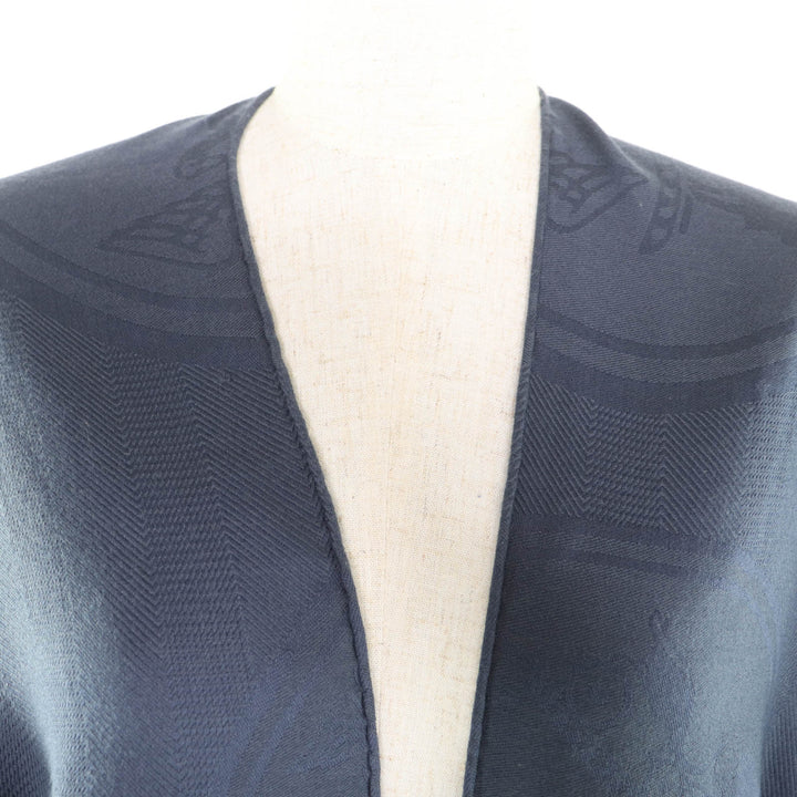 Excellent HERMES poncho Exlibris Leather Navy cashmere Women