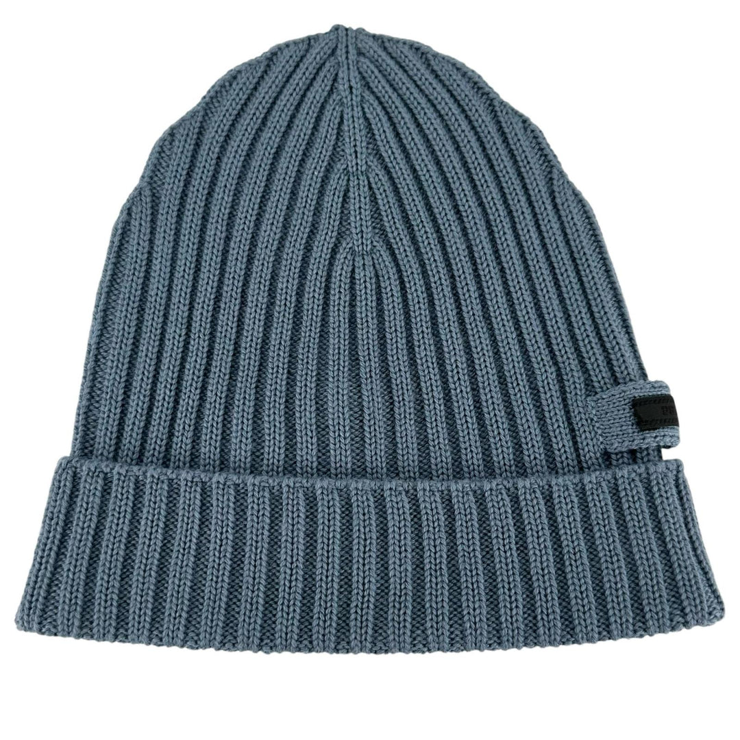 Excellent PRADA Knit cap Logo tag ribbed knit hat blue wool mens M UMD188