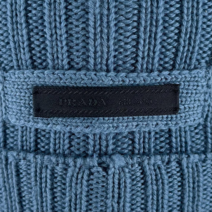 Excellent PRADA Knit cap Logo tag ribbed knit hat blue wool mens M UMD188