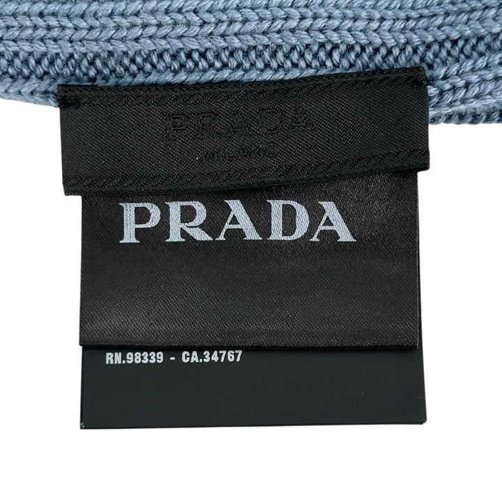 Excellent PRADA Knit cap Logo tag ribbed knit hat blue wool mens M UMD188