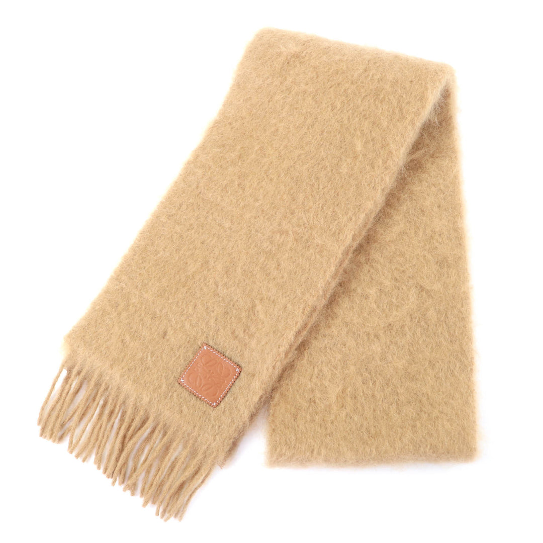Excellent LOEWE Scarf Anagram leather patch with fringe Brown mohair 28003861