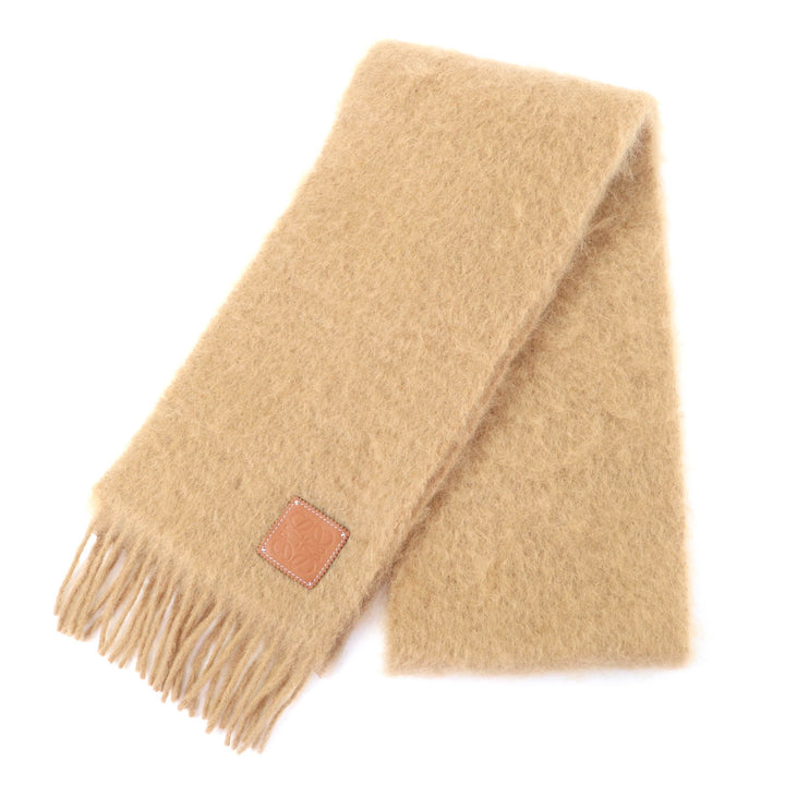 Excellent LOEWE Scarf Anagram leather patch with fringe Brown mohair 28003861