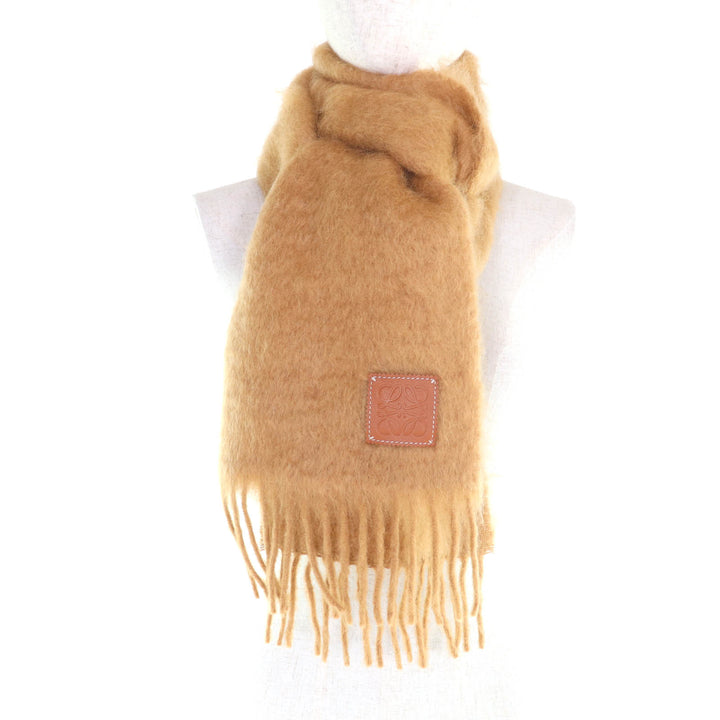 Excellent LOEWE Scarf Anagram leather patch with fringe Brown mohair 28003861