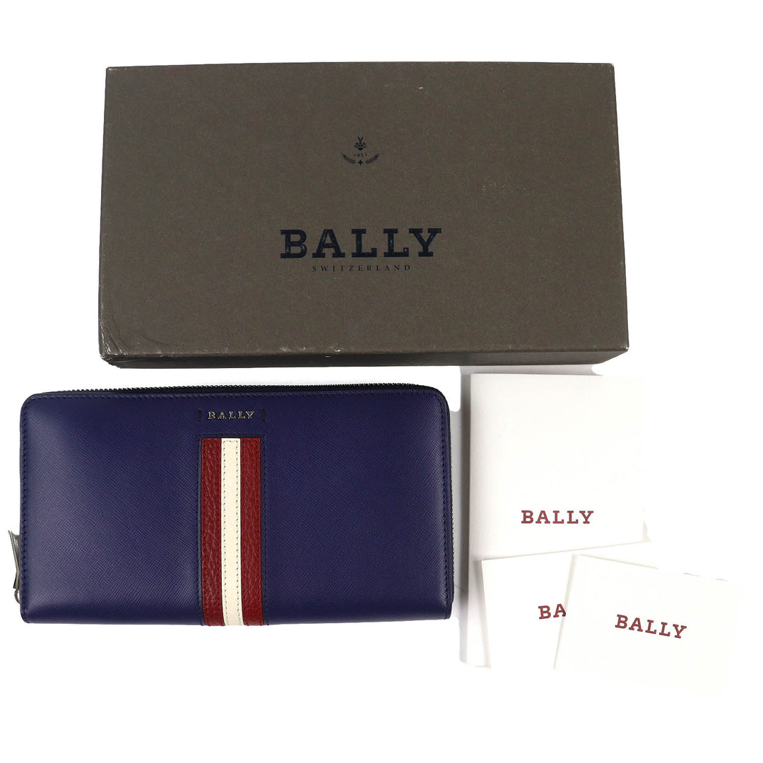 Excellent BALLY SALEN.S Metal Logo Bally Stripe Zip Around Leather Long Wallet