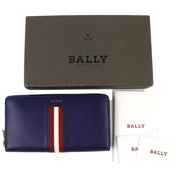 Excellent BALLY SALEN.S Metal Logo Bally Stripe Zip Around Leather Long Wallet