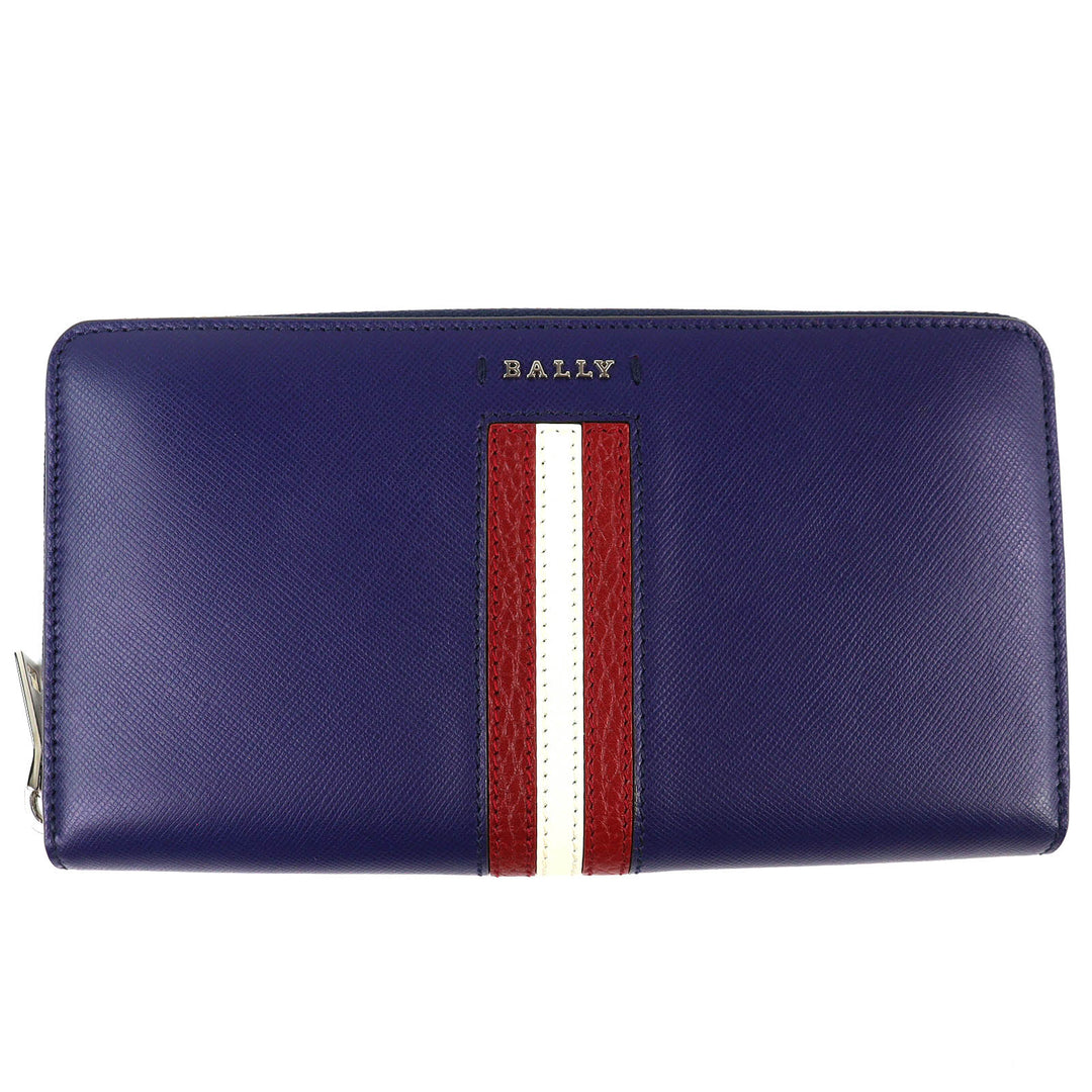 Excellent BALLY SALEN.S Metal Logo Bally Stripe Zip Around Leather Long Wallet
