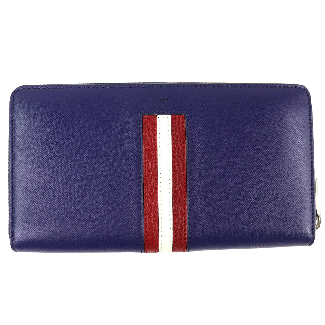 Excellent BALLY SALEN.S Metal Logo Bally Stripe Zip Around Leather Long Wallet