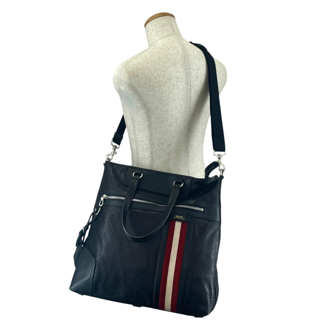 Great BALLY Shoulder Bag OTHAMAR-LG Perforated Stripe 2-Way Tote Bag black mens