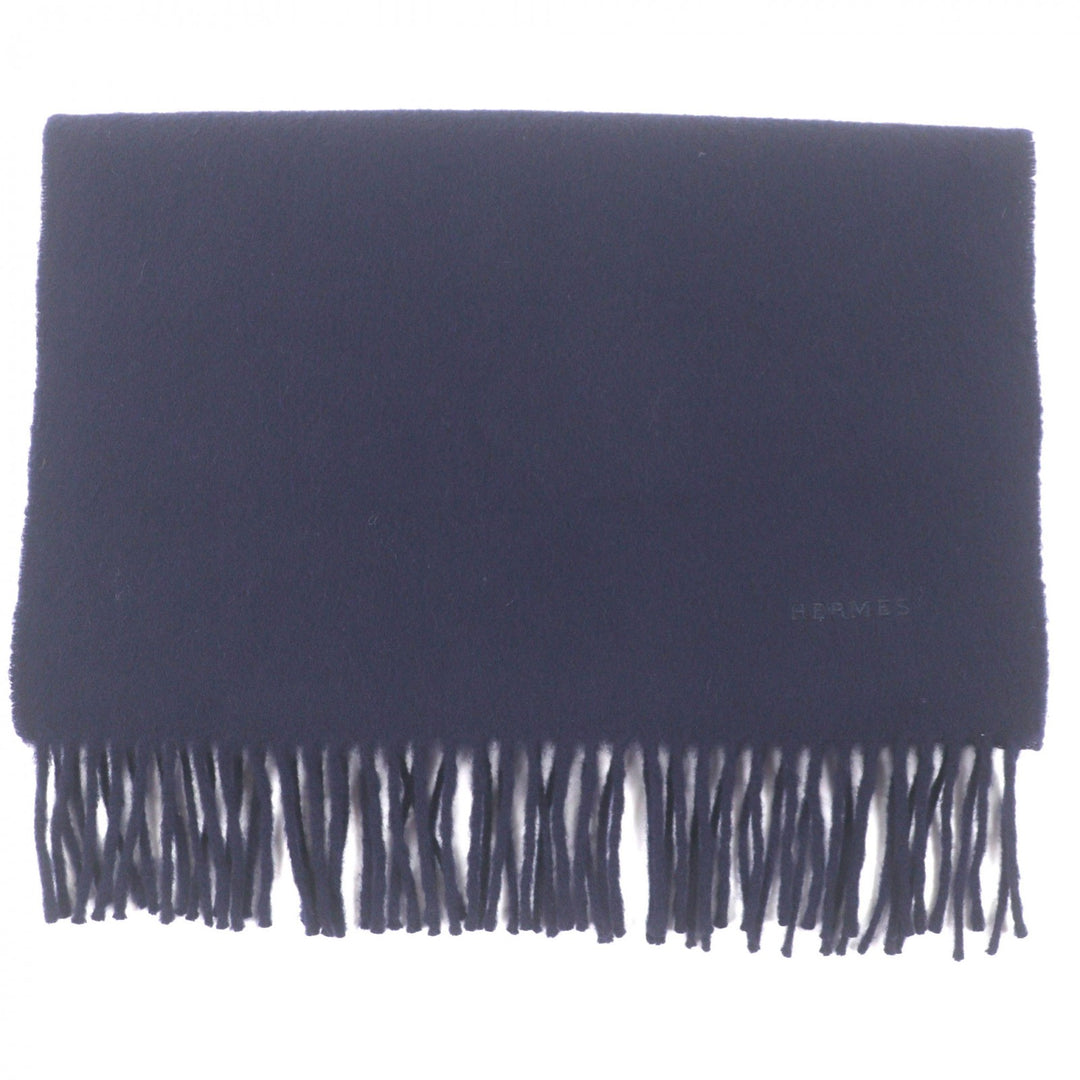 Excellent HERMES Scarf Embroidered logo with fringe Navy cashmere mens
