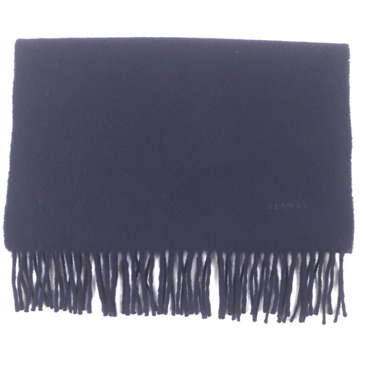 Excellent HERMES Scarf Embroidered logo with fringe Navy cashmere mens