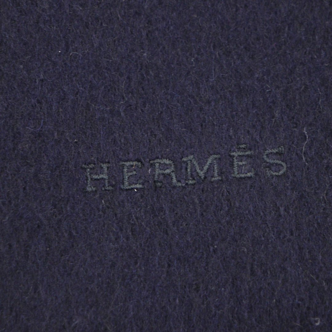 Excellent HERMES Scarf Embroidered logo with fringe Navy cashmere mens