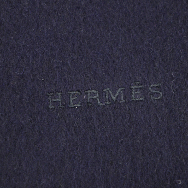 Excellent HERMES Scarf Embroidered logo with fringe Navy cashmere mens