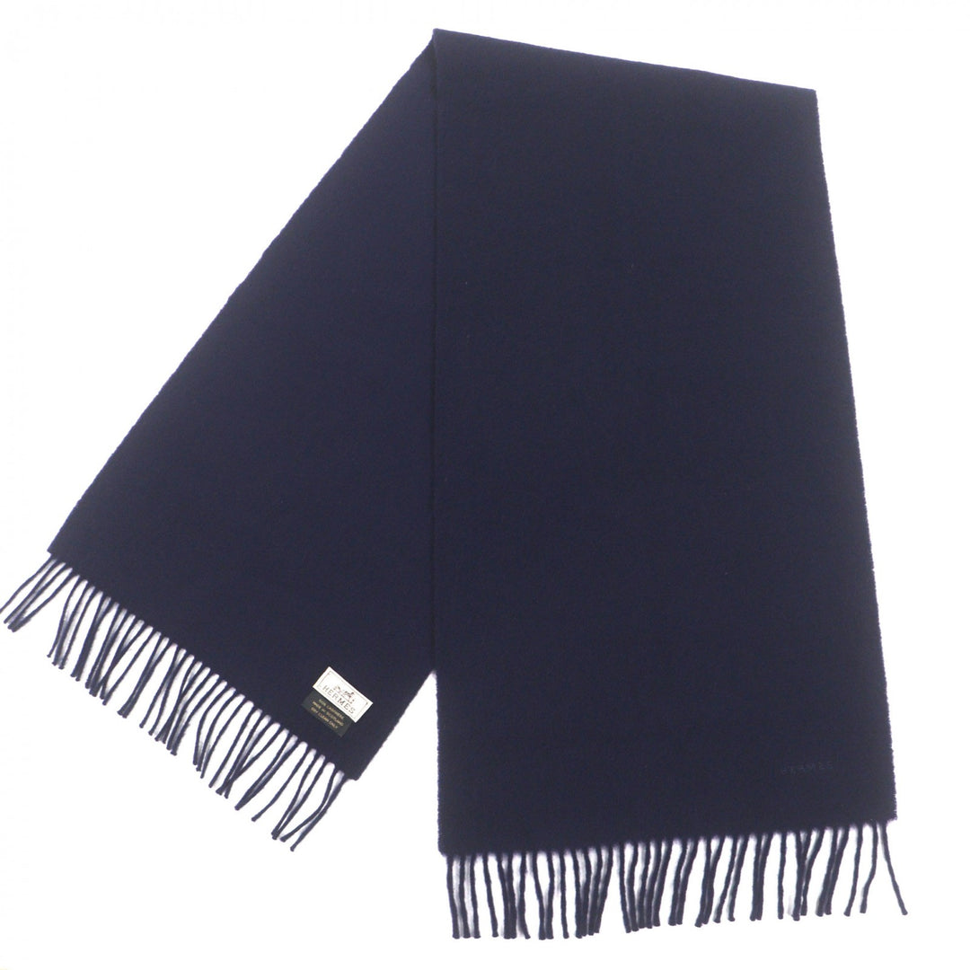 Excellent HERMES Scarf Embroidered logo with fringe Navy cashmere mens